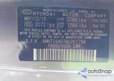 2016 Hyundai Veloster z USA, uszkodzony, nr VIN KMHTC6AD7GU261794